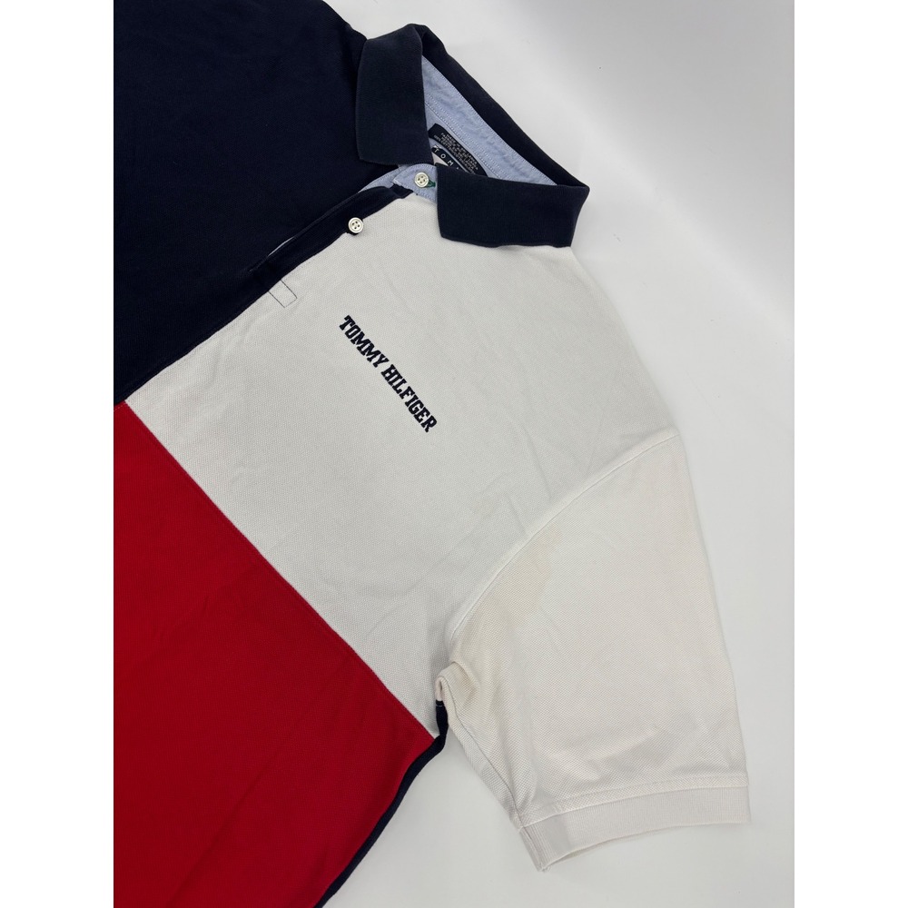 Tommy Hilfiger Mens XXL Colorblock Polo Shirt Navy White Red Short Sleeve Cotton